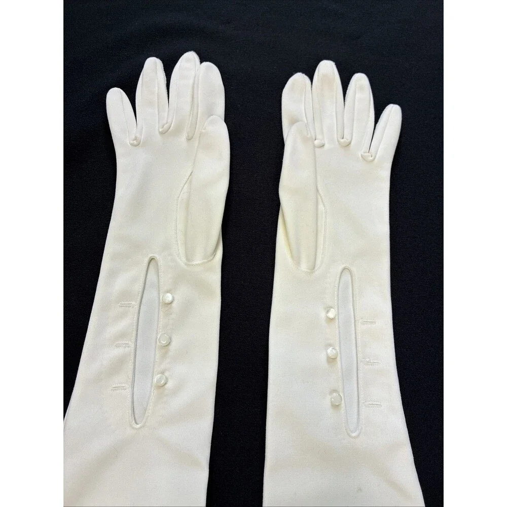 Vintage 50s Ivory Opera Length Gloves Button Evening Prom Cosplay Coquette Flaws